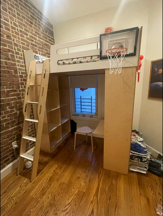 Birch and white Dumbo Loft Bed w/ladder-Casa Kids and basketball hoop against brick wall
