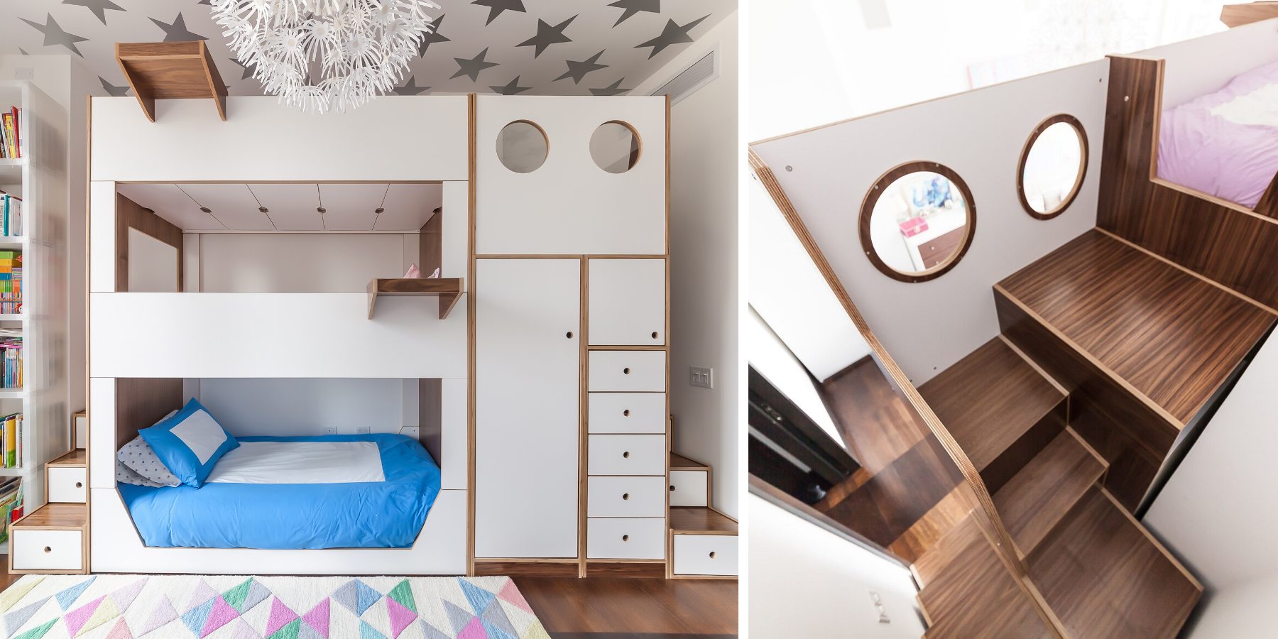 Two views of a children's room featuring bunk beds with starry ceiling and built-in staircase storage.