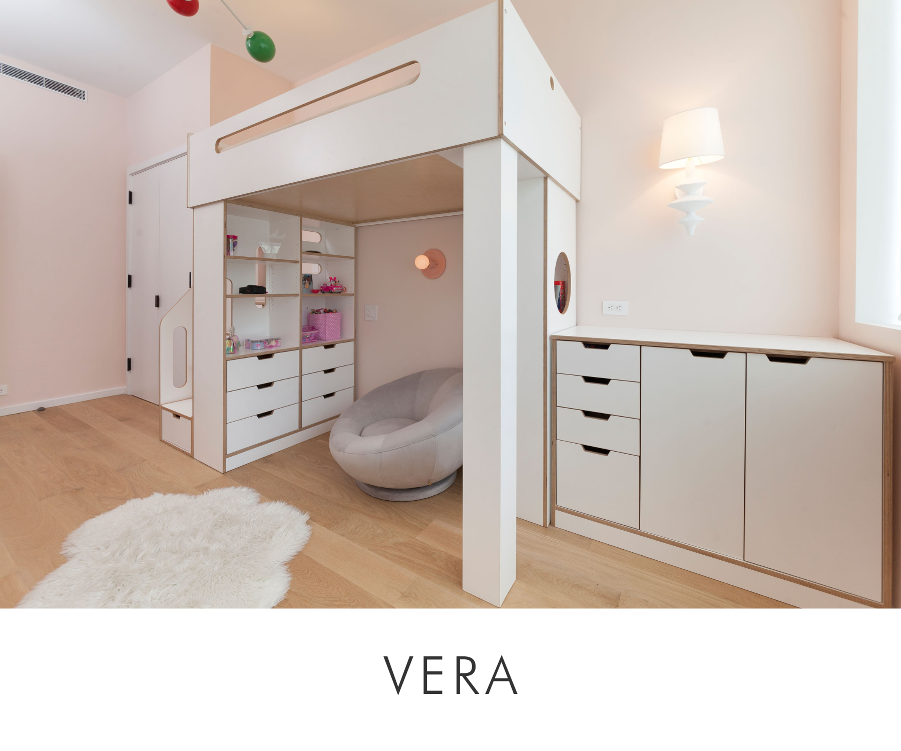 Vera room  modern children's room featuring a loft bed with integrated storage and a cozy white chair.