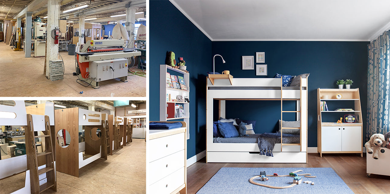 Split image contrasting a busy furniture workshop and a serene child's bedroom with a bunk bed and toys.