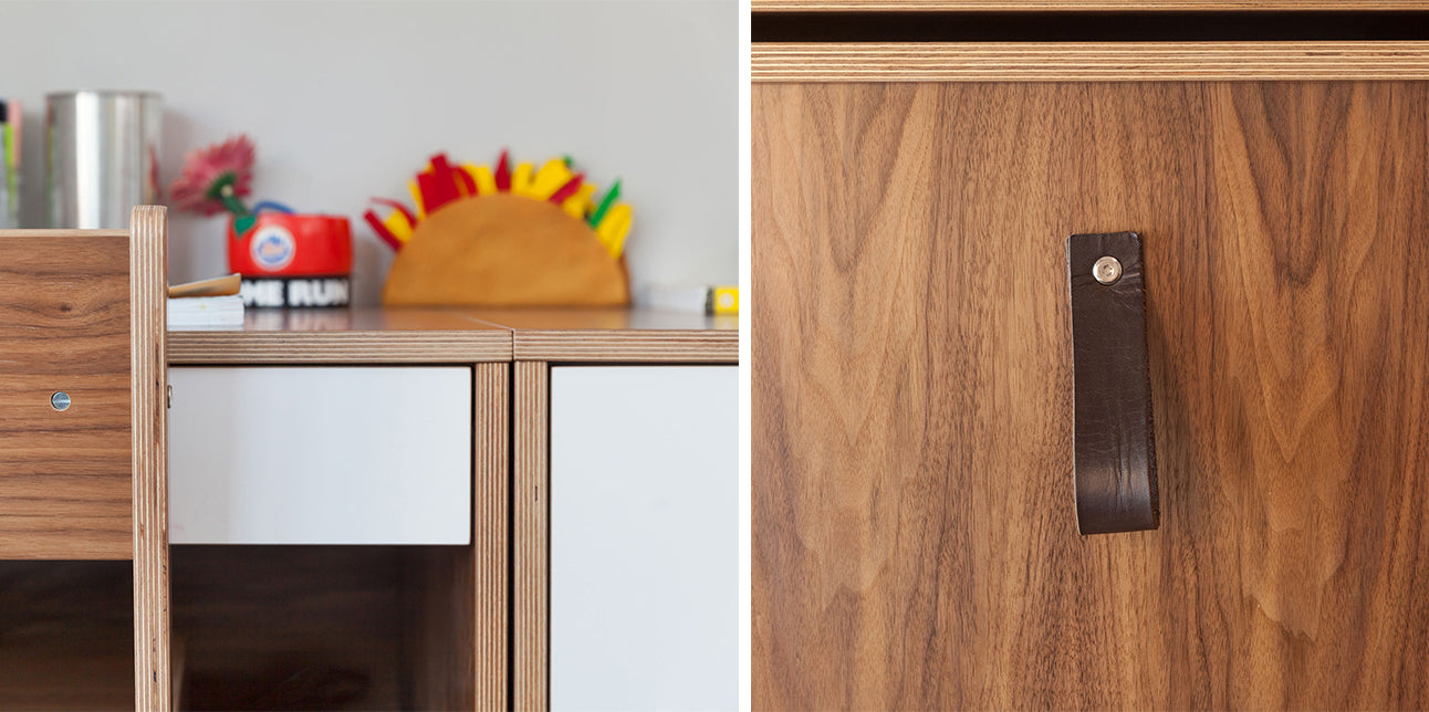 Split image of a wooden desk with colorful items and a close-up of a dark leather cabinet pull.