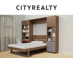 Modern bedroom with a minimalist design featuring a pull-out bed and built-in shelving units.