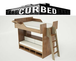 Elegant wooden bunk bed with built-in storage and a ladder, designed for modern homes.