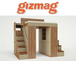 Modern wooden loft bed with steps, shelving, and a wardrobe built into a compact design.