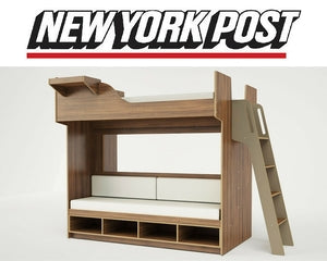 Contemporary wooden bunk bed with storage shelves and a ladder, displayed against a white background.