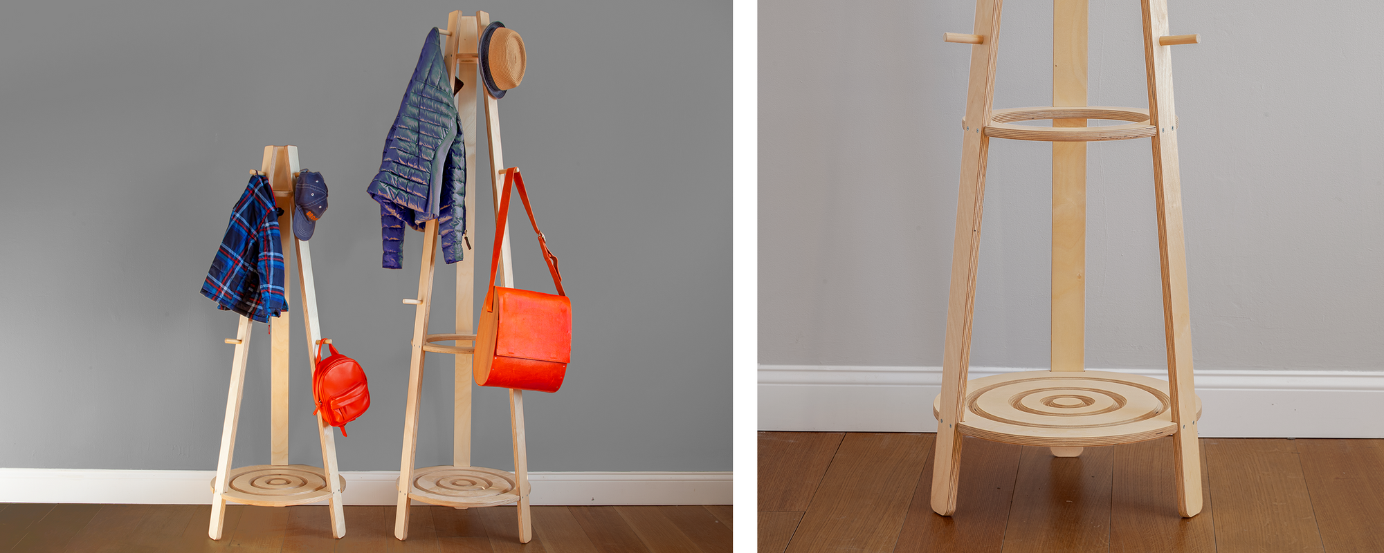 Two images of a wooden easel-style coat rack; one with children's bags and clothes, and one empty.