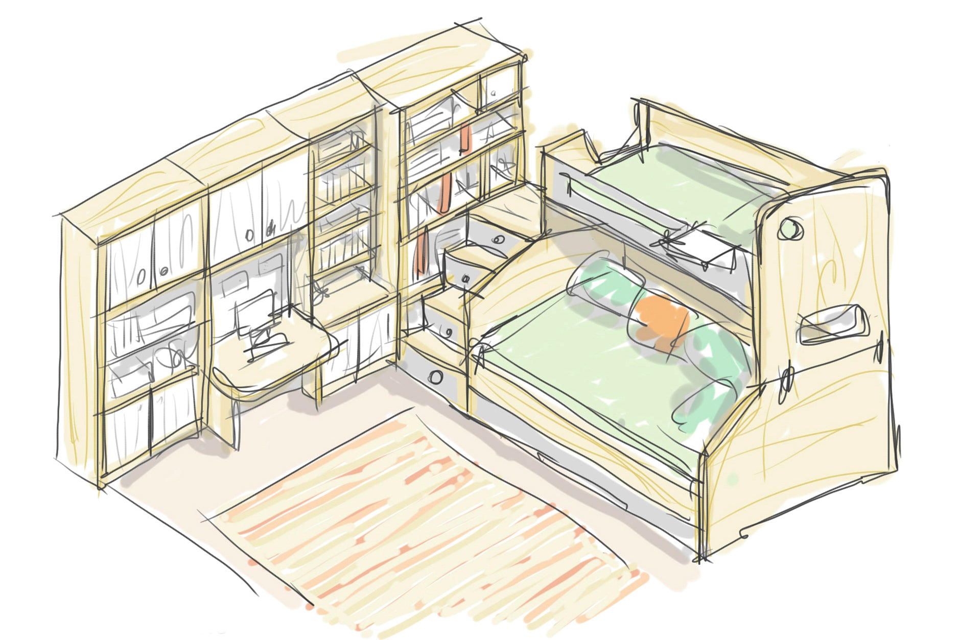 Sketch of a child's bedroom setup with a bed, integrated desk, extensive bookshelves, and a cozy area rug.