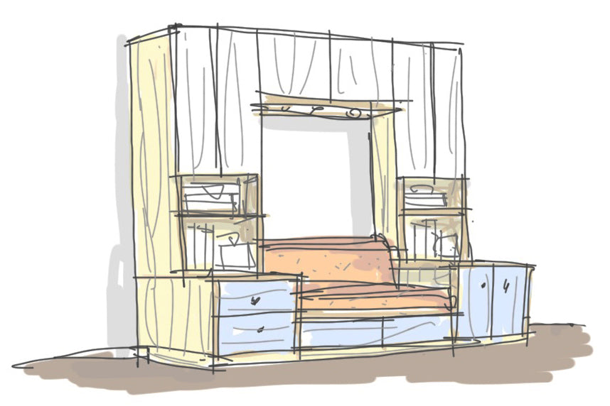 Sketch of a canopy bed with built-in storage and shelving, draped with light curtains in a cozy design