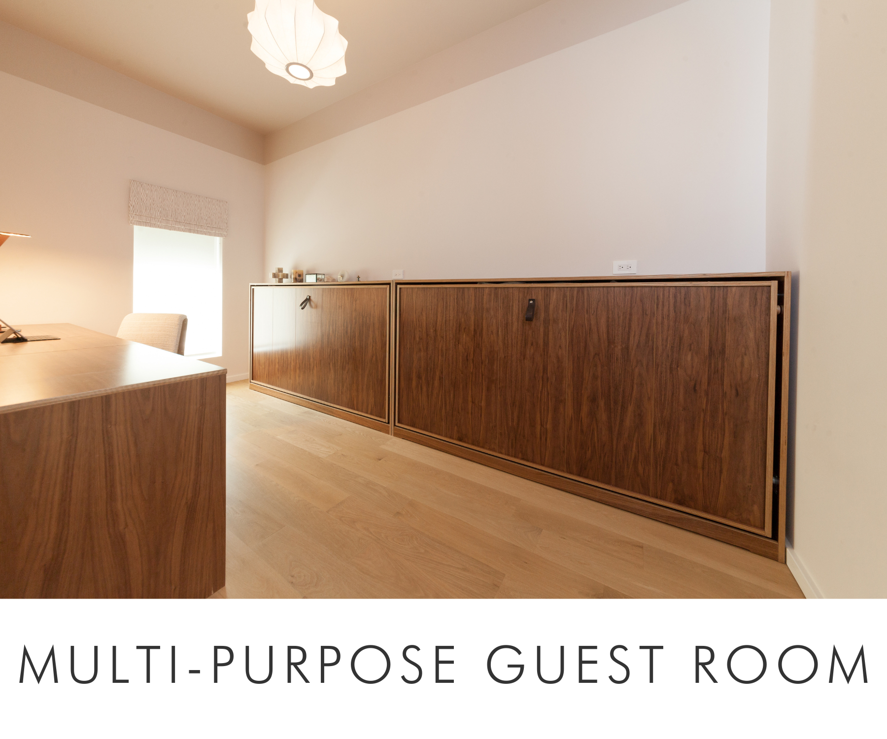 Multi-purpose minimalist guest room with sleek wooden storage cabinets along the wall and soft lighting.