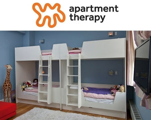 Bunk beds with stairs, storage in child’s room, “apartment therapy” logo.