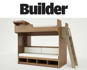 Modern wooden bunk bed with integrated shelves and a ladder, designed for efficient space use.