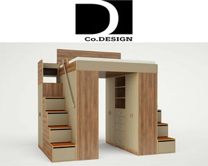 Innovative wooden loft bed design with stairs, shelves, and a hidden wardrobe, maximizing space