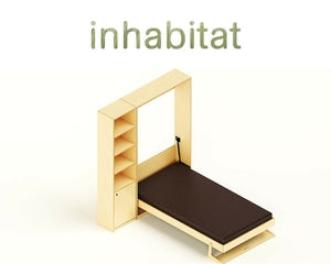 Modern bed with shelving, 3D model, labeled ‘inhabitat’.