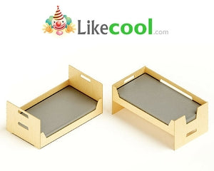 Wooden pet dishes shaped like beds with grey cushions, from Likecool.com.