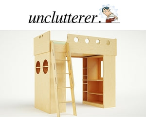 Cardboard playhouse with ladder and shelves, “unclutterer” logo above.