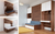 Montage of three views of a versatile murphy bed: closed, semi-open with desk, and fully open as a bed.