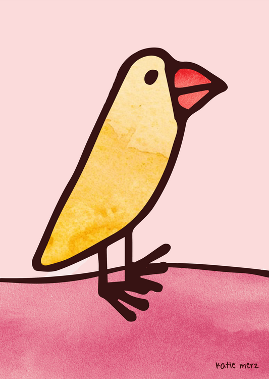 Water color baby chick standing on pink ground katie Merz art closeup.