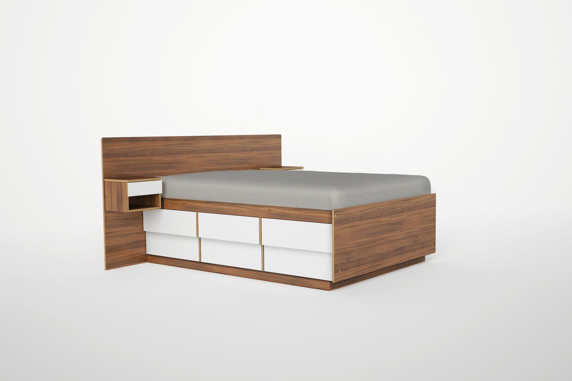 Wooden bed with headboard shelves and storage drawers on a white background.