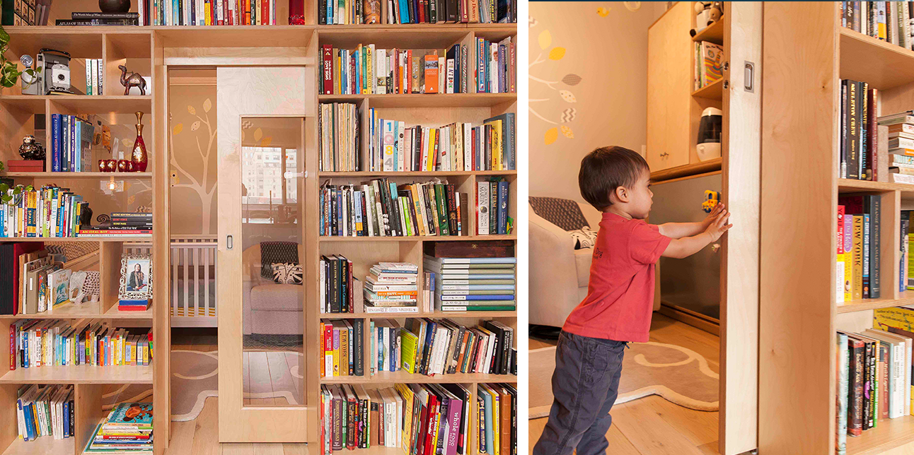 Bookshelf filled with books; child opens a hidden door in the bookshelf into another room.