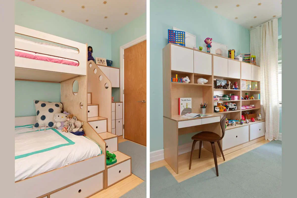 Loft bed in a small kids' room with desk and storage
