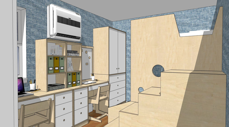 Modern kitchen with white cabinets, appliances, blue walls, no people, 3D rendered, clean design.