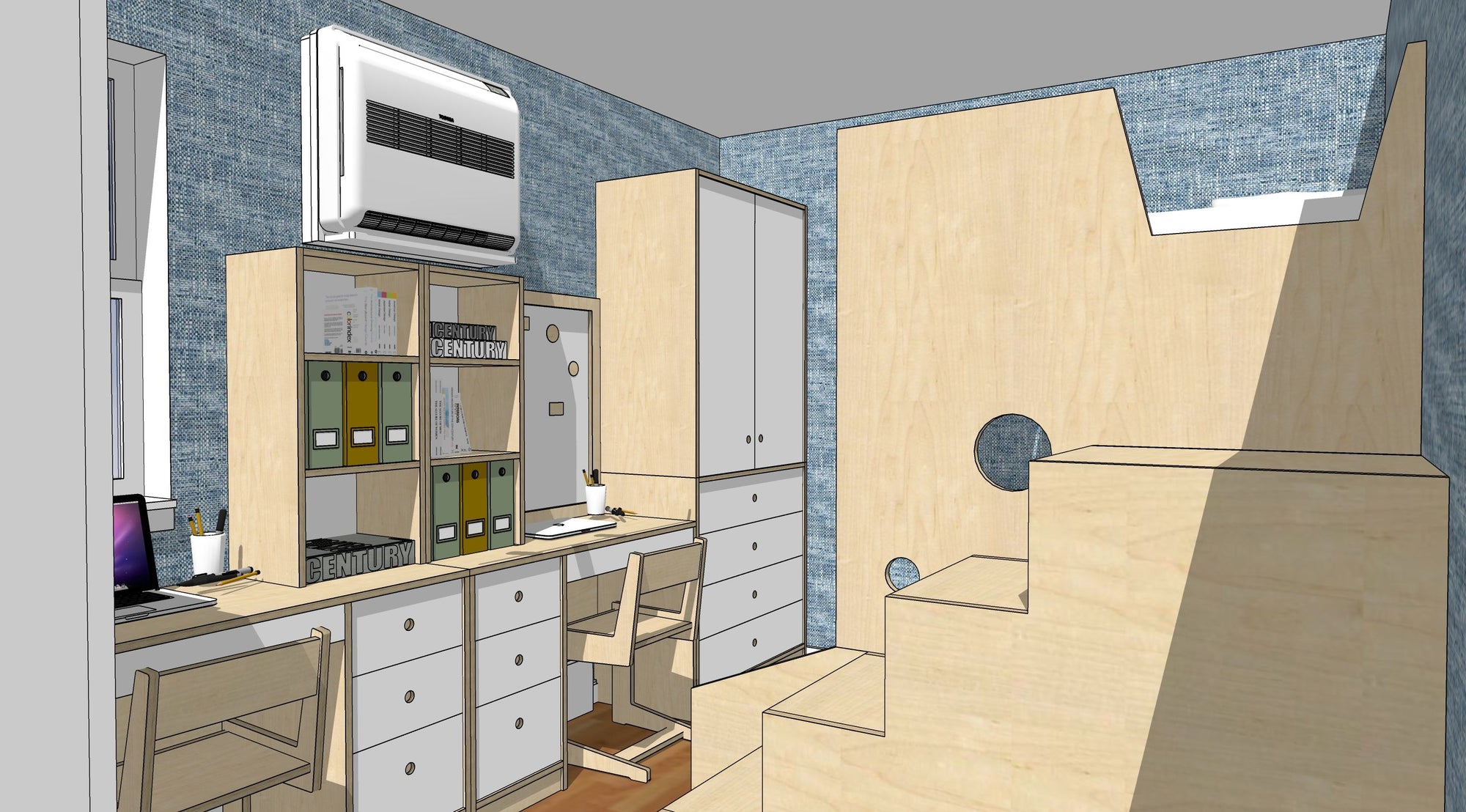 Modern kitchen with white cabinets, appliances, blue walls, no people, 3D rendered, clean design.