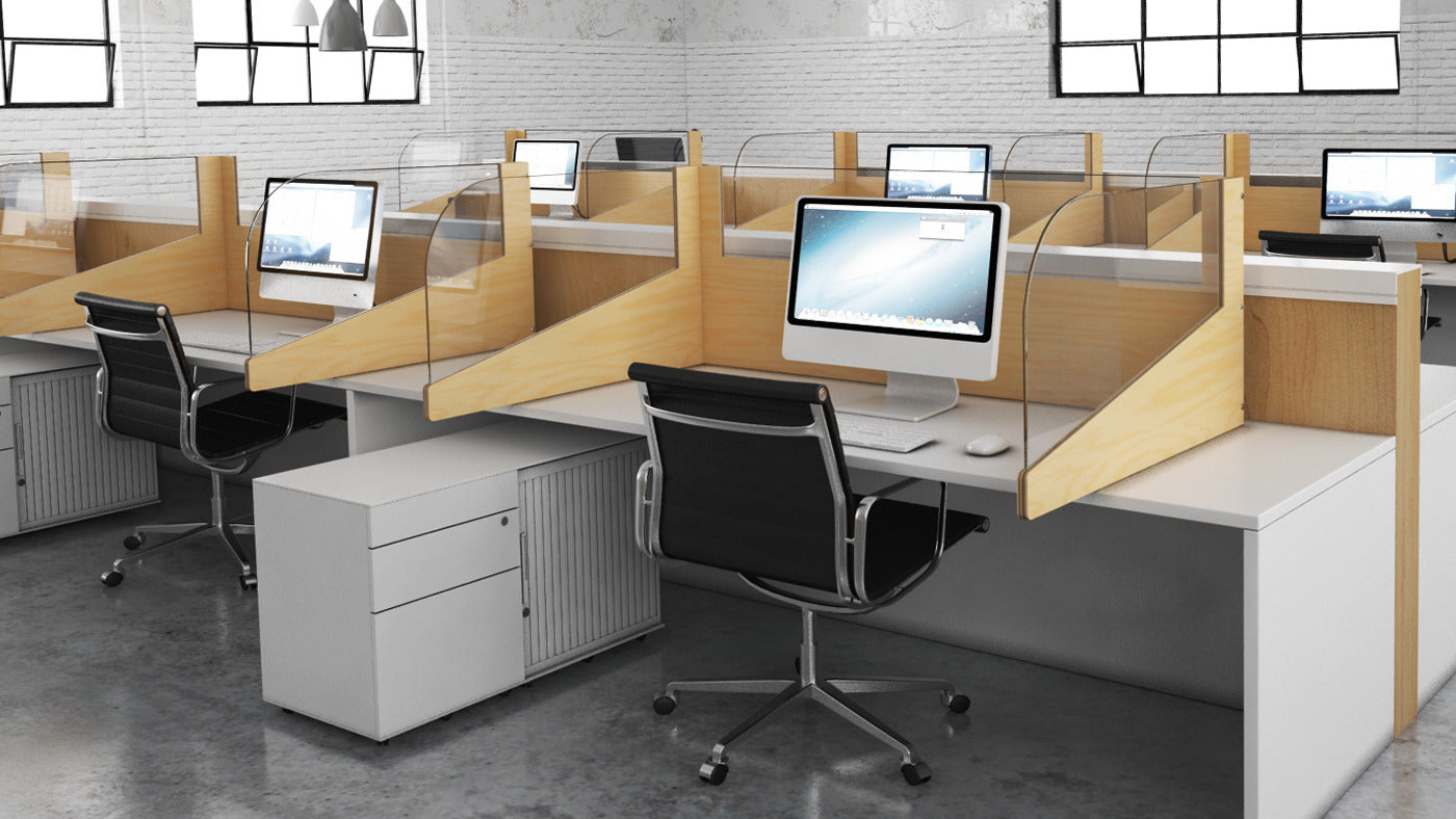 Office cubicles with computers, desks, chairs, and partitions on a neutral background.