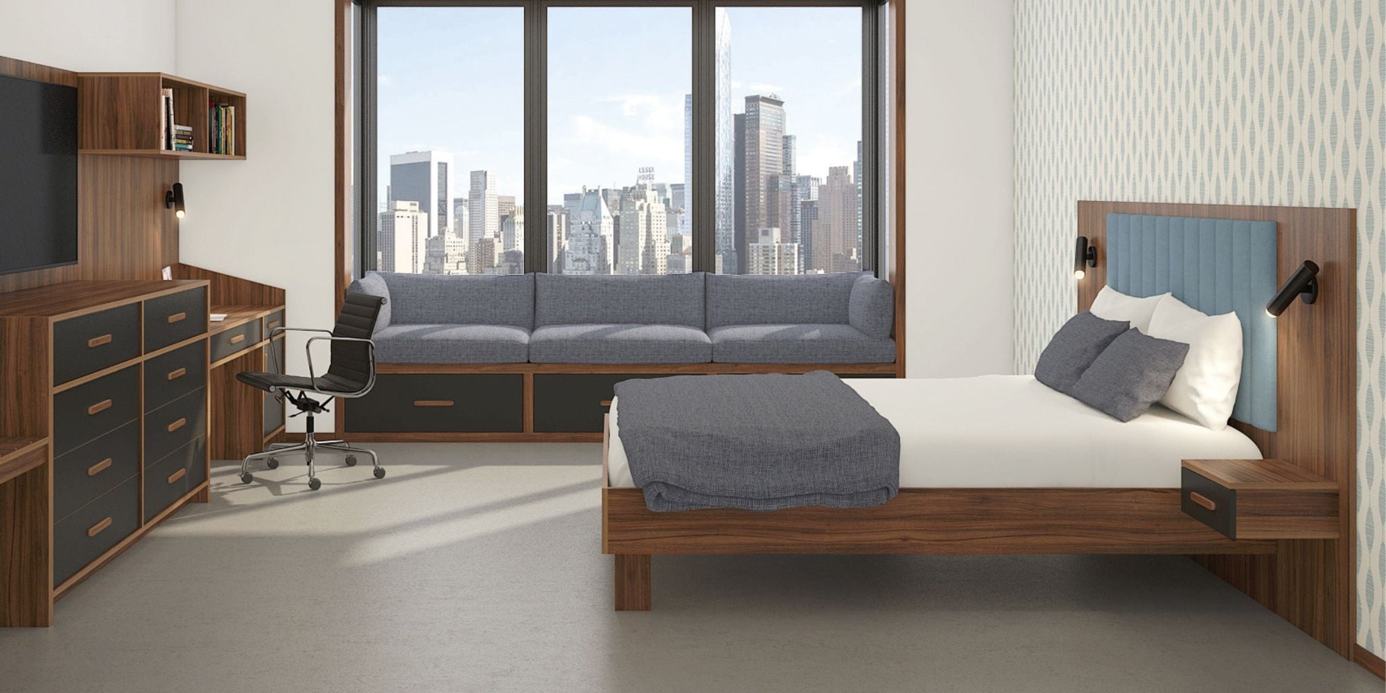 Custom walnut room with black accents featuring a built-in window bench with storage, a spacious desk, a dresser, and a modern bed with an upholstered headboard.