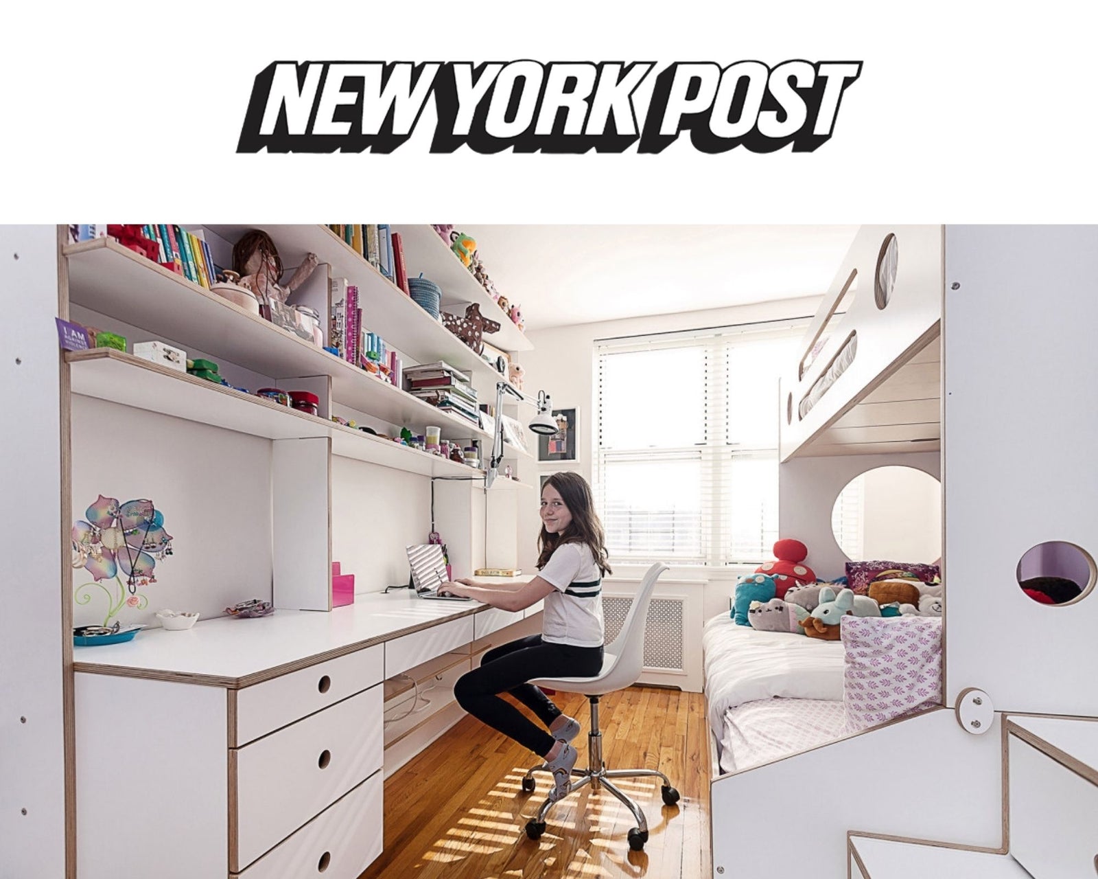 Modern room interior with desk, shelves, and side bed.