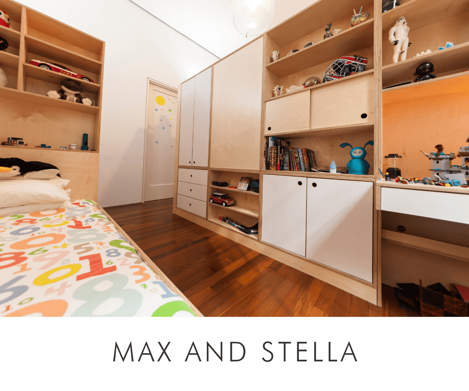 Colorful child’s room with labeled shelves and toys.