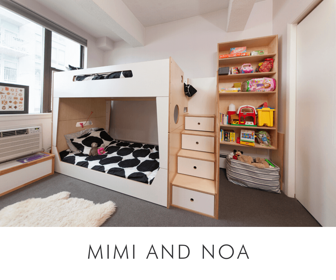 Mimi and noa compact children's room with bunk bed, stairs, toy storage, and a plush white rug on the floor.