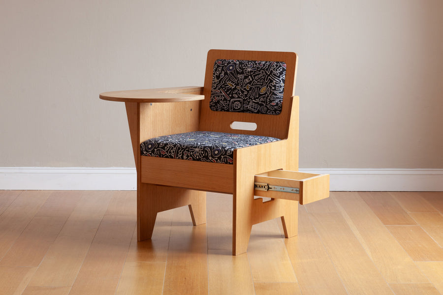 Oak work desk for adults with custom graffiti upholstery. Side drawer under seat opened