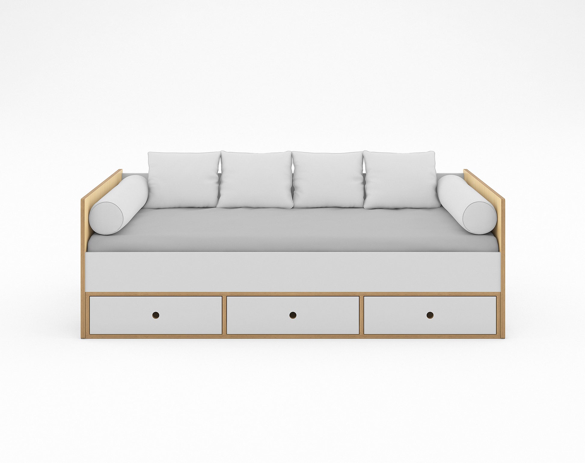 Birch and white wood twin daybed with headboard and footboard, integrated storage drawers in birch and white with grey bedding shown against a white background