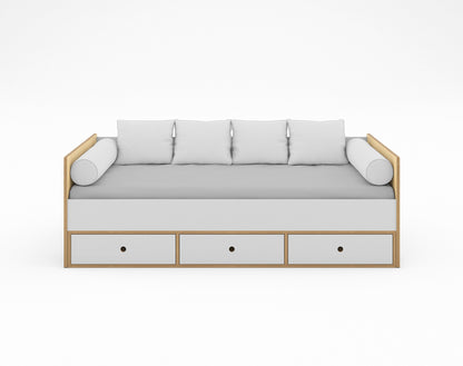 Birch and white wood twin daybed with headboard and footboard, integrated storage drawers in birch and white with grey bedding shown against a white background