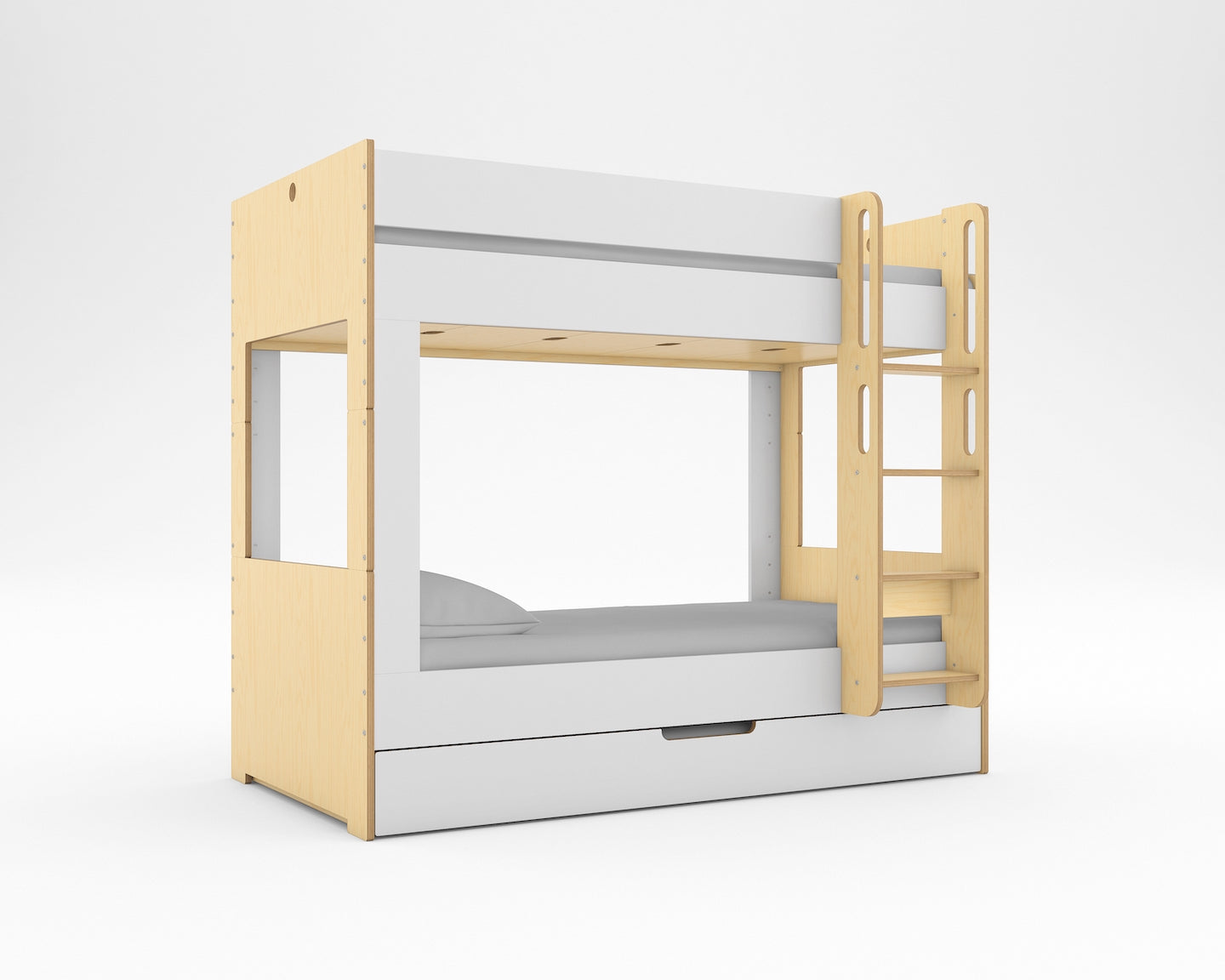 Side view of a white custom Cabin Bunk Bed for kids in a modern bedroom setting.
