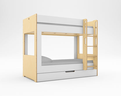 Side view of a white custom Cabin Bunk Bed for kids in a modern bedroom setting.