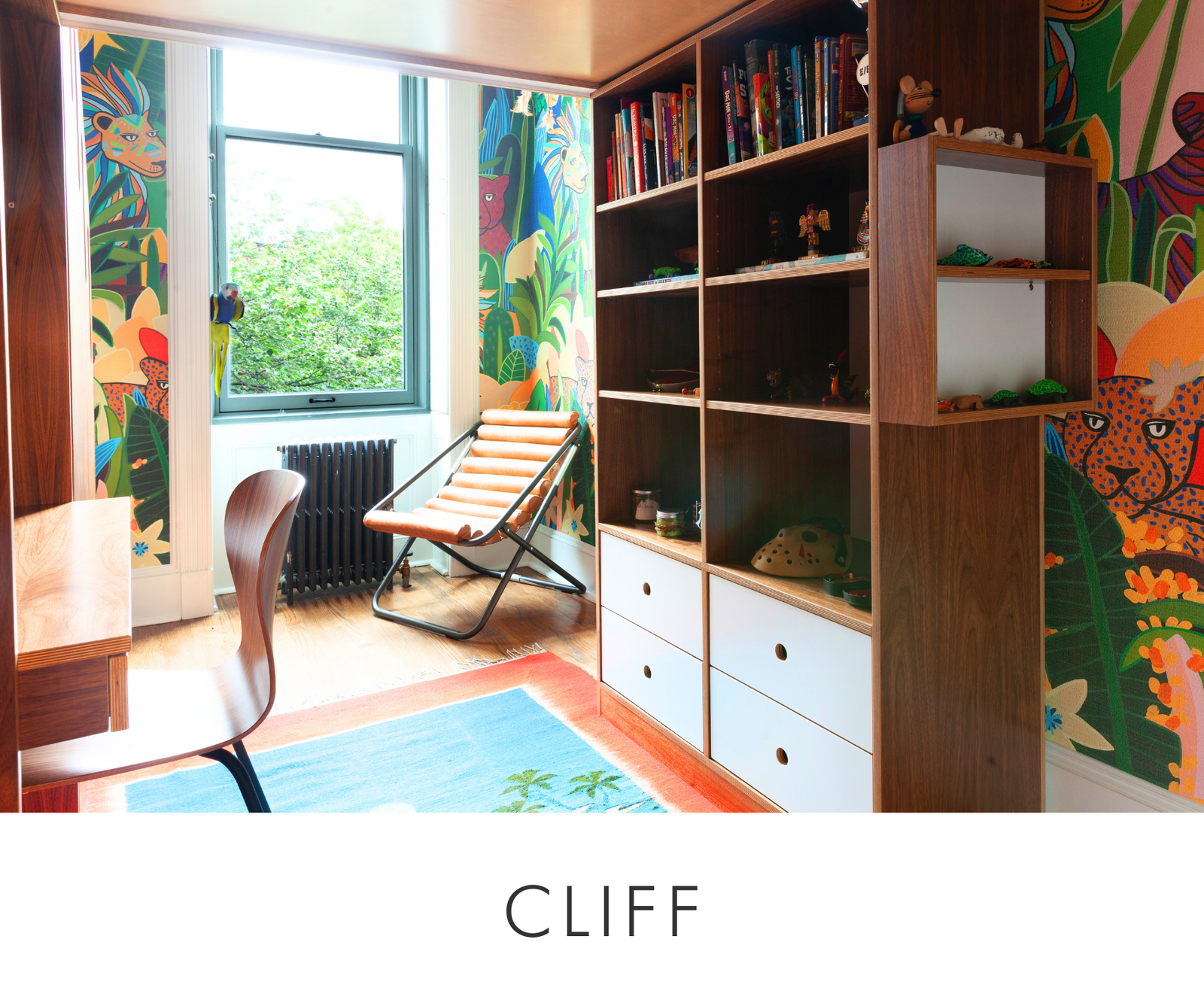 Cliffs room title and storage cabinet with open shelving and four drawers in walnut finish with white accents, situated beneath a twin-size custom loft bed.