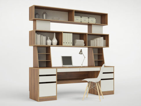 Contemporary office setup with wooden shelving, a sleek desk, laptop, lamp, and white modern chair.