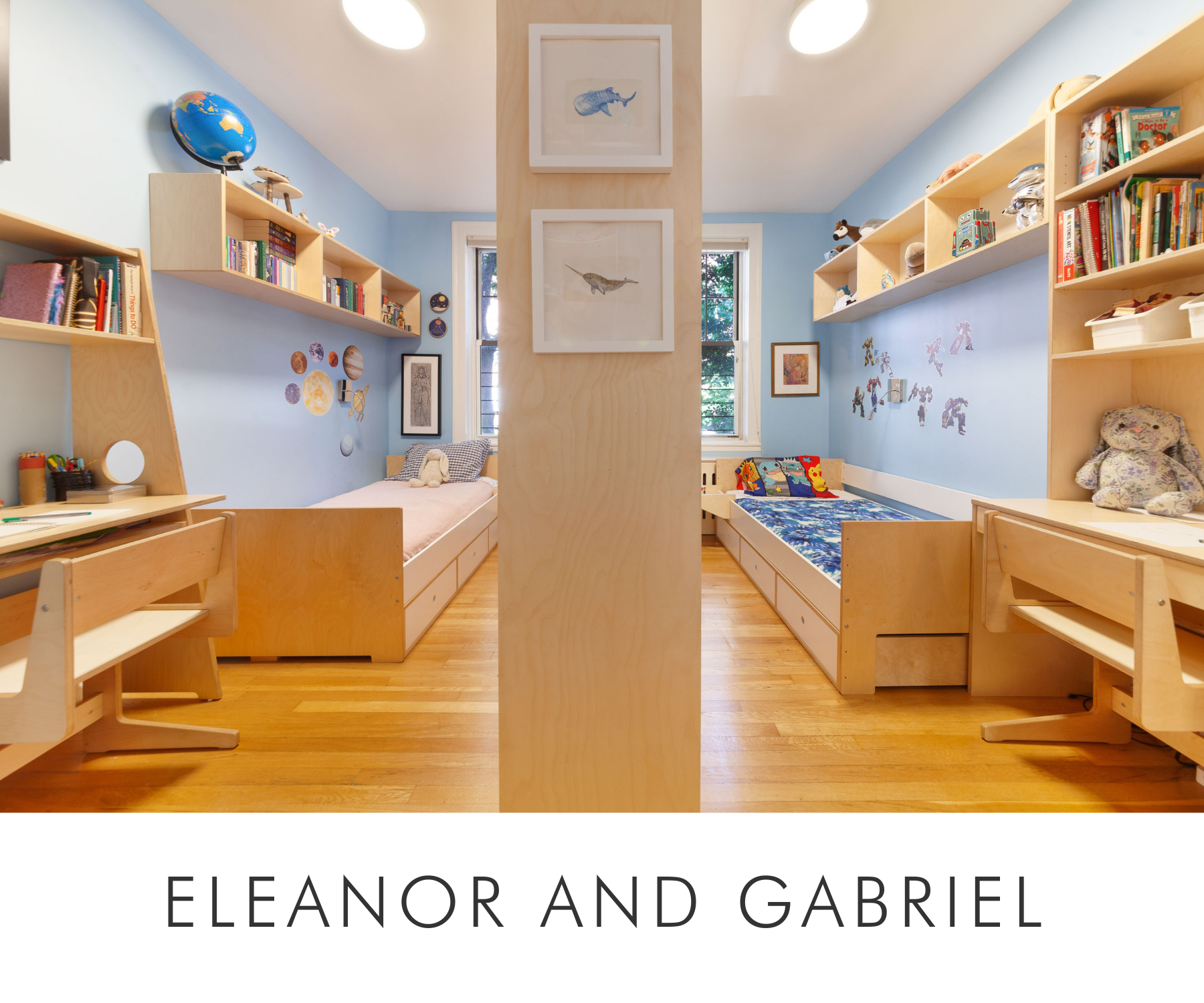 two kids twin size beds with desks and cabinetry in birch finish with white accents