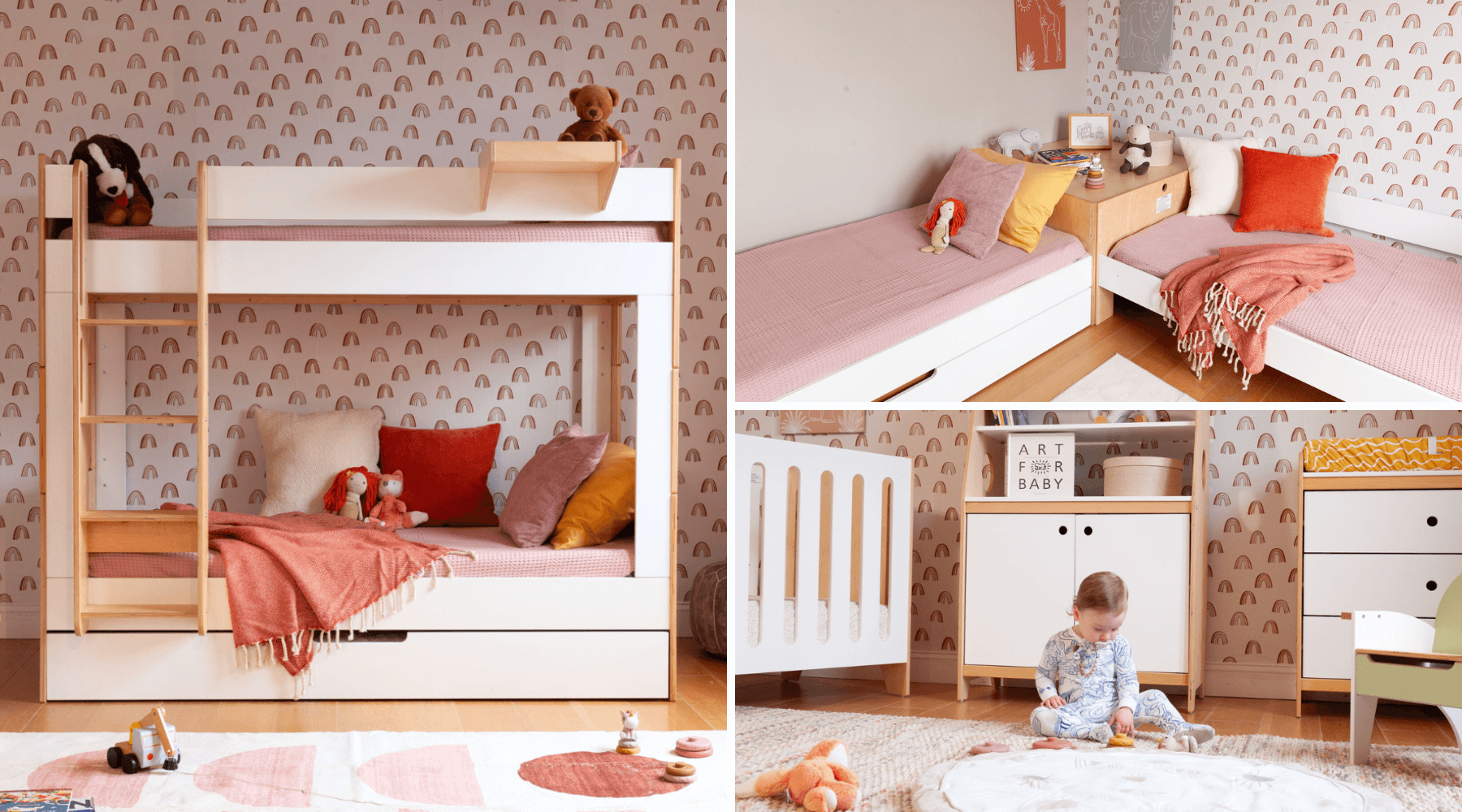 A cozy childrens room with a bunk bed playful wallpaper and a small play area