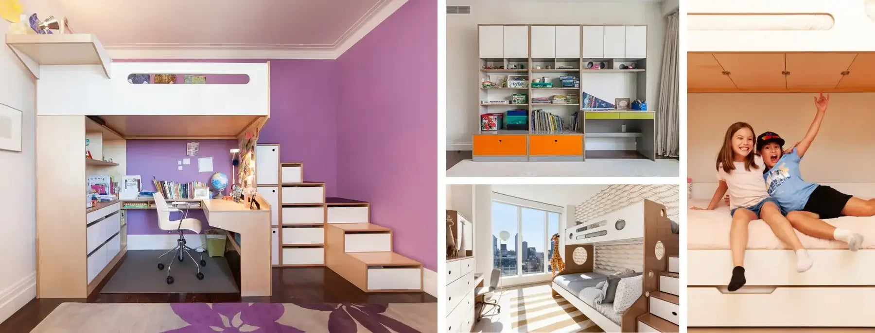 children's room featuring bunk bed, study desk, shelves