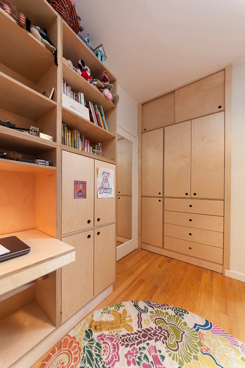 Room with shelves, desk, laptop, and colorful rug.
