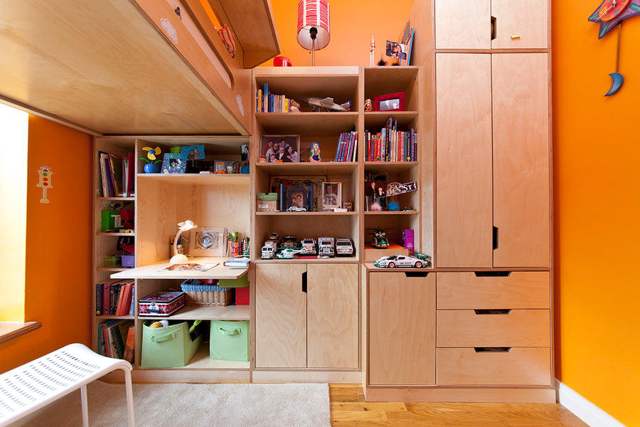 Warm study space with wooden shelves, books, orange walls.