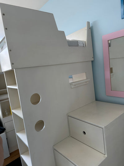 White Loft bed with stairs