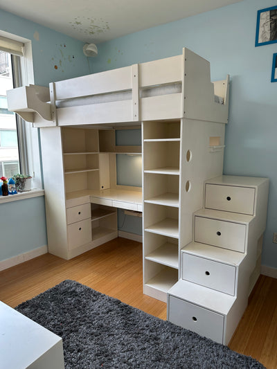 White Loft bed with stairs