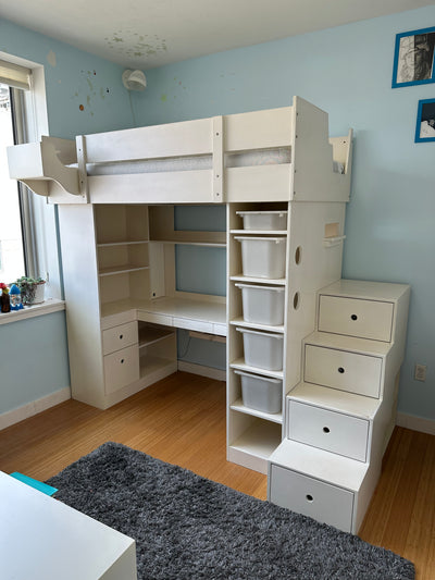 White Loft bed with stairs