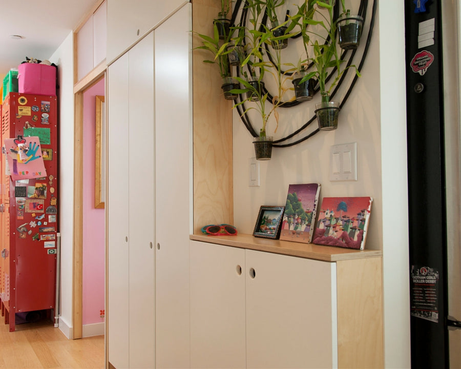 Chic hallway with white cabinets, green plants, colorful locker.