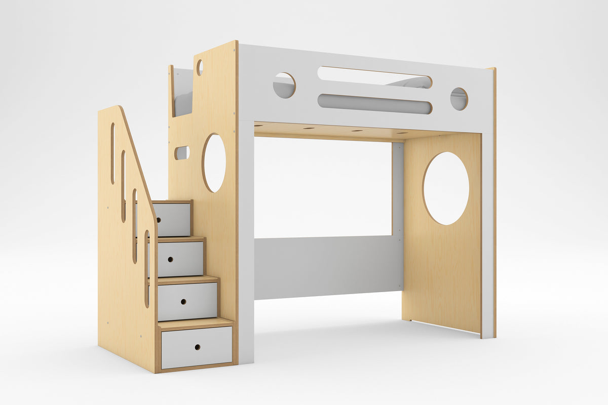 Birch and white Marino Loft Bed with storage drawer stairs, a stair rail with decorative cutouts, and open space below the twin bed against a white background.