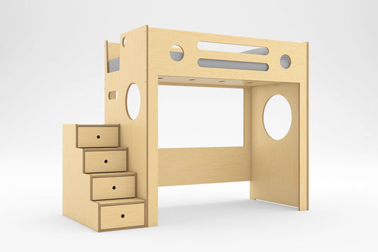 Birch Marino Loft Bed with storage drawer stairs, circular decorative cutouts, and open space below the twin bed against a white background.