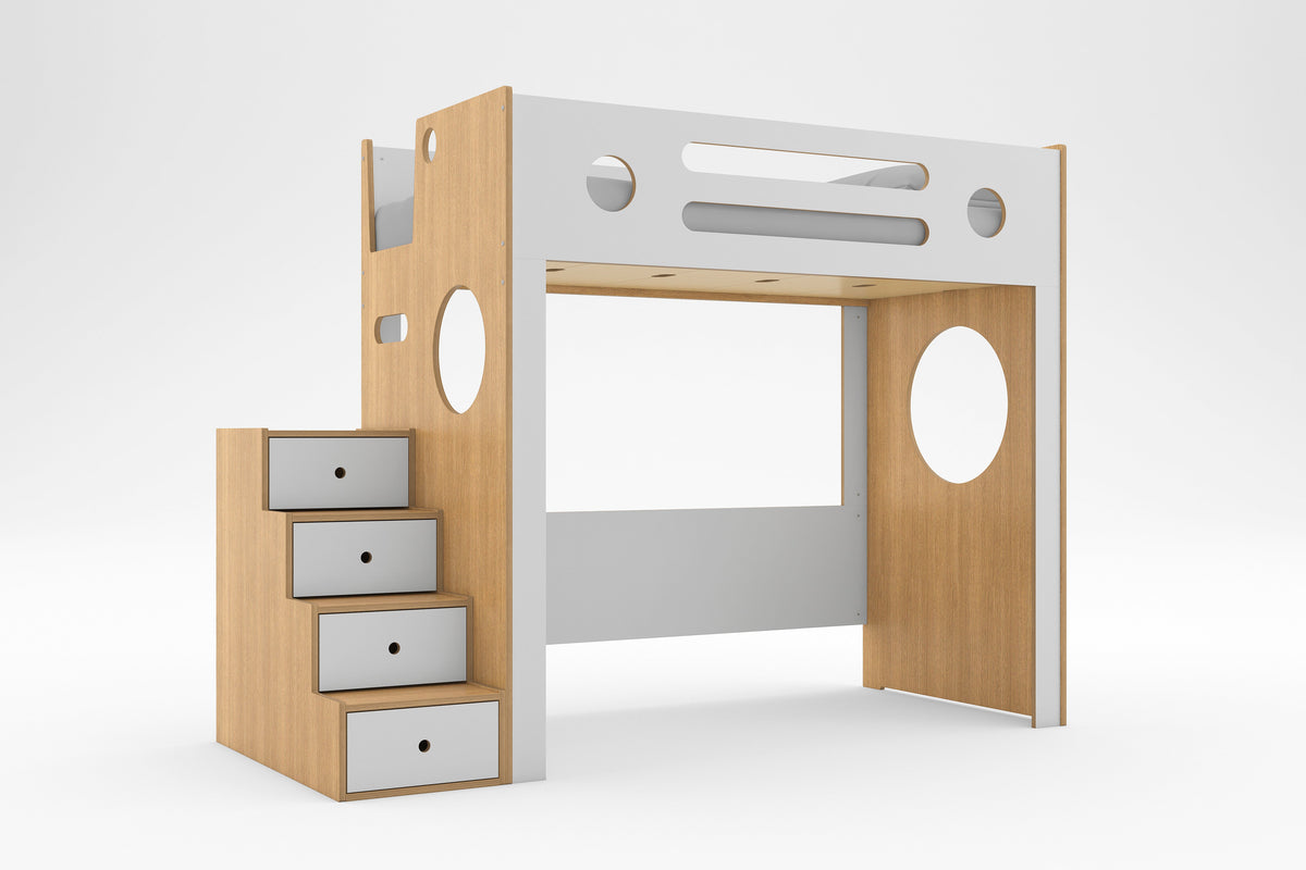 Oak and white Marino Loft Bed with white storage drawer stairs, circular decorative cutouts, and open space below the twin bed against a white background.